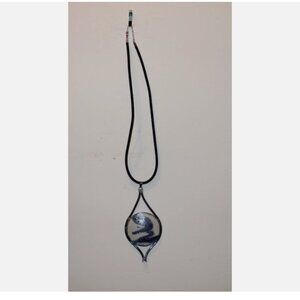 Art Glass Pendant Necklace – Abstract Blue Swirl Cabochon – Modern Artisan Style